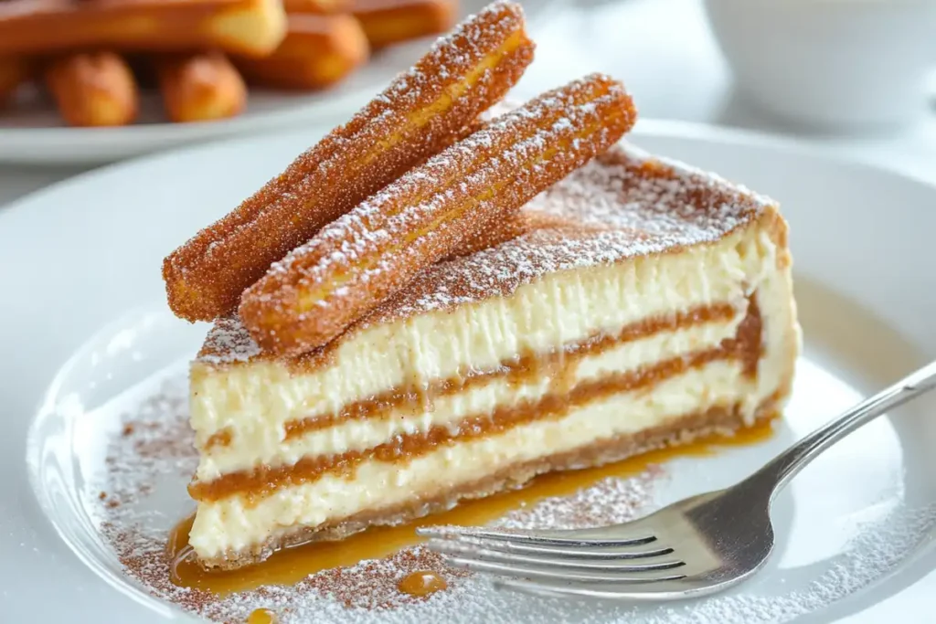 A slice of churro cheesecake served with caramel drizzle.
