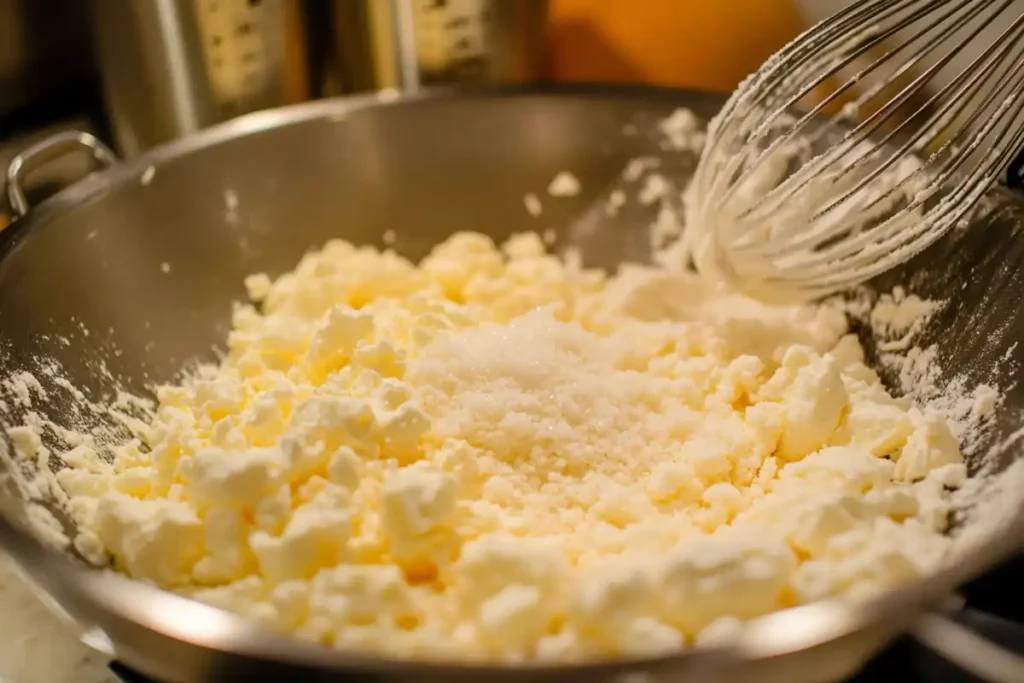 Mixing cheesecake filling with cream cheese and sugar.