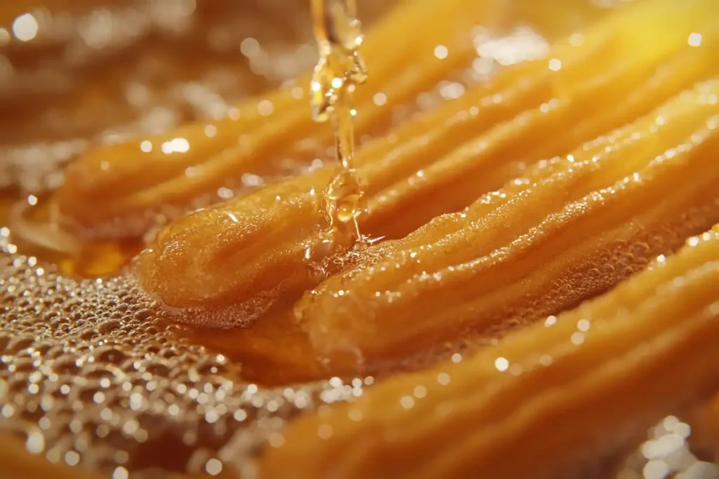 Fresh churros frying in hot oil.