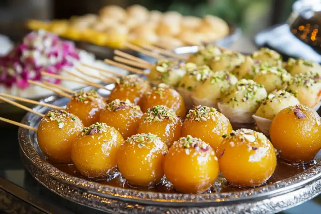 Indian desserts including gulab jamun and pistachio kulfi with saffron garnishes