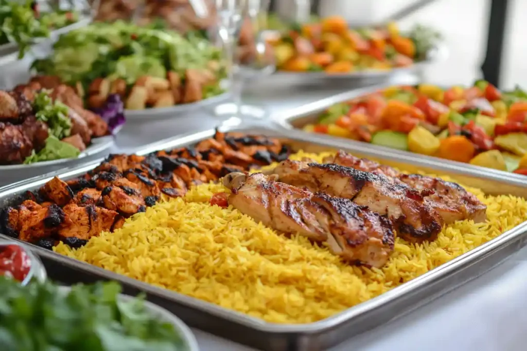 Saffron rice served with grilled chicken and salad