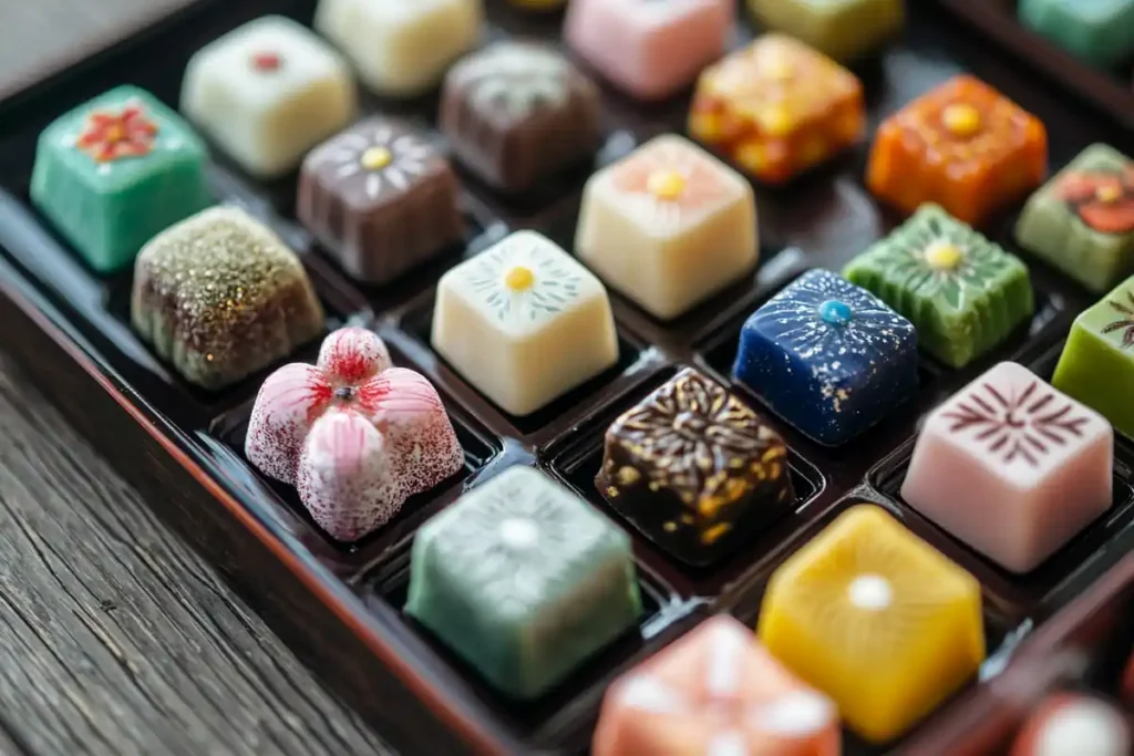 Beautifully handcrafted wagashi on a lacquer tray.