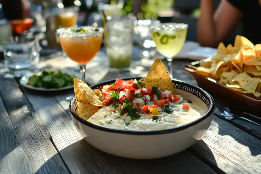 Chipotle queso served with tortilla chips, veggies, and margaritas.