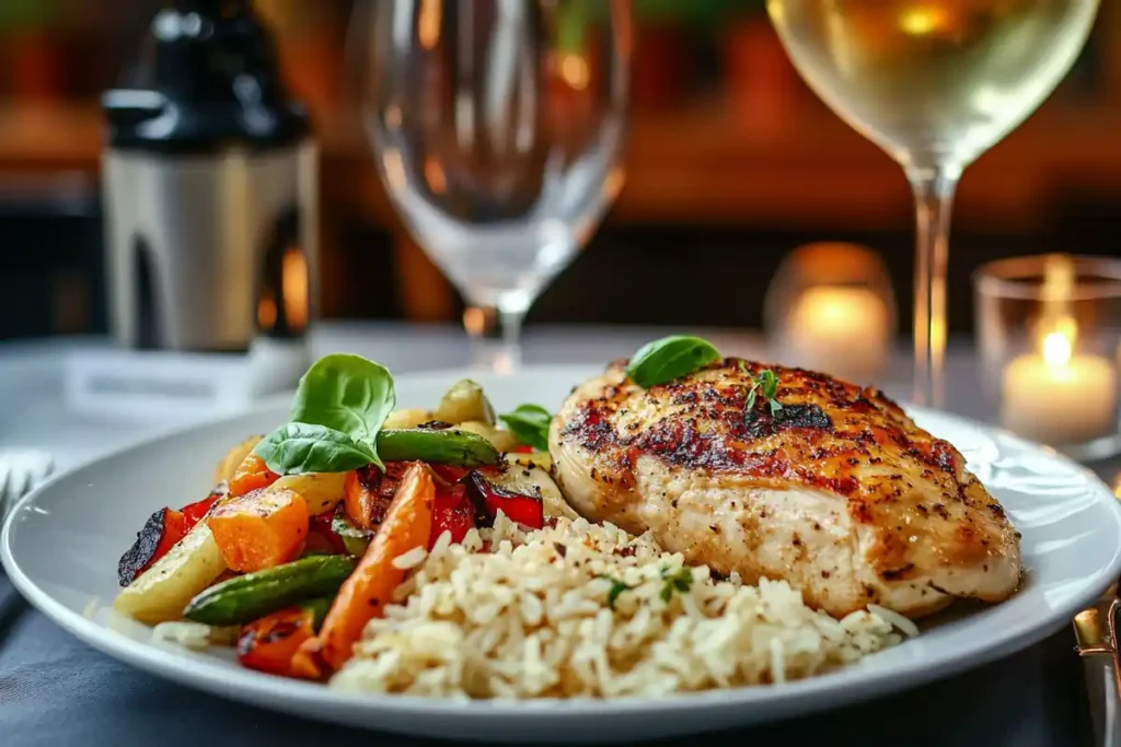 Cheesy rice served with grilled chicken and vegetables.