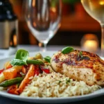 Cheesy rice served with grilled chicken and vegetables.