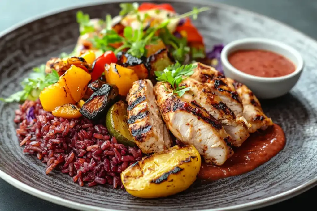 Red rice served with grilled chicken and vegetables.