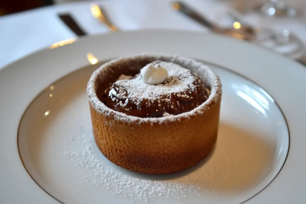 A small cocotte filled with chocolate lava cake and powdered sugar.