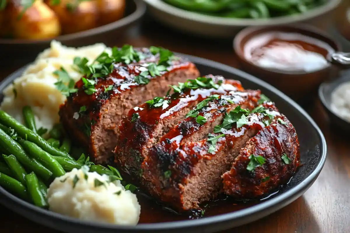 Smoked meatloaf slices on a plate with sides.