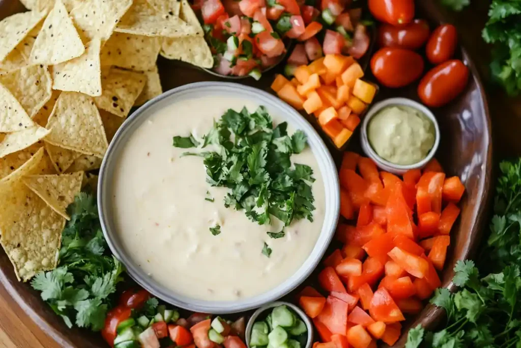 Smoked queso on a serving tray with garnishes and sides.