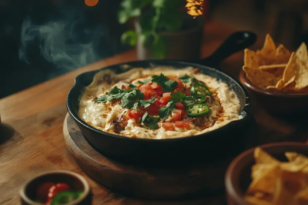 Cast-iron skillet filled with smoked queso and tortilla chips.