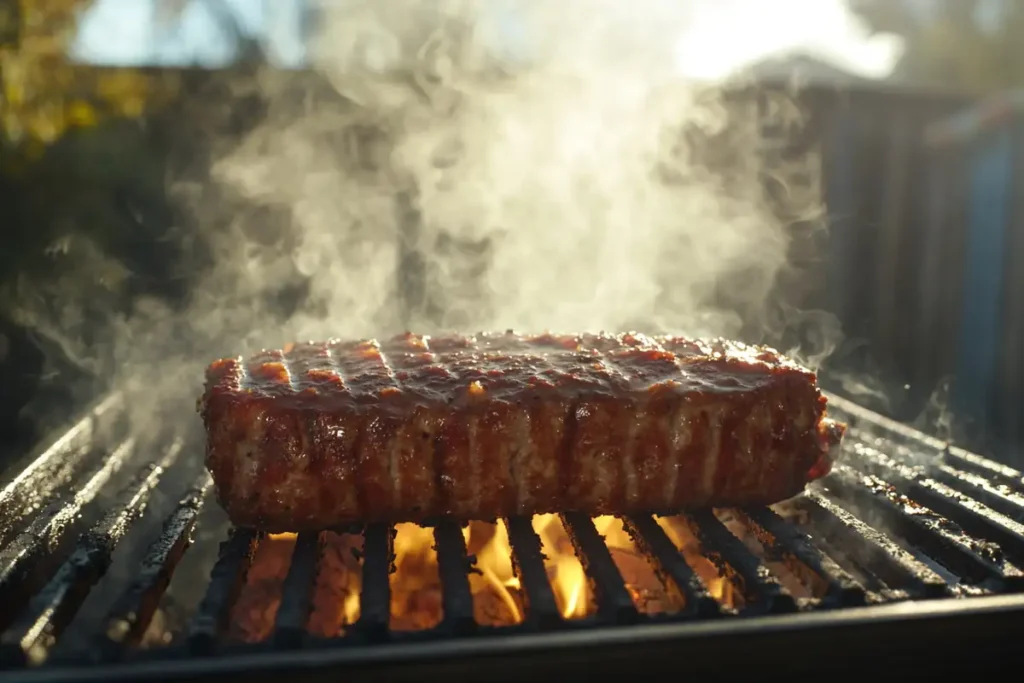 Meatloaf smoking on a grill with light smoke.