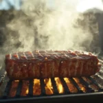 Meatloaf smoking on a grill with light smoke.