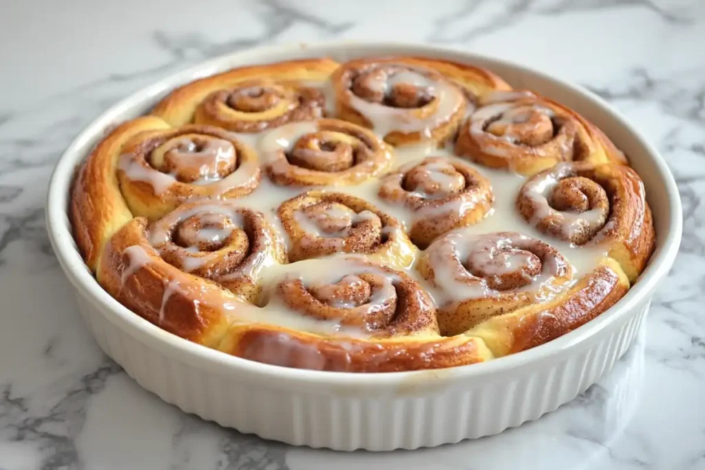 Cinnamon rolls with icing made with bread flour.