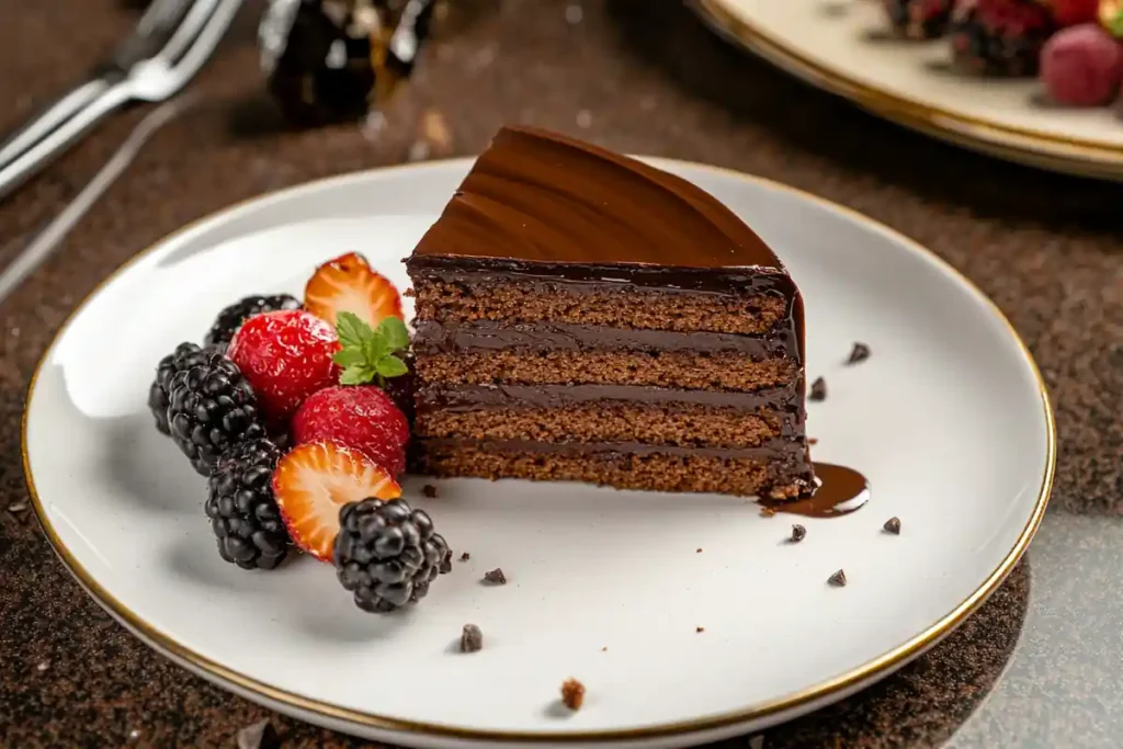 A moist sourdough chocolate cake topped with ganache and fresh berries.