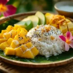 Thai mango sticky rice with coconut milk, pandan waffles, and tropical fruits on a banana leaf plate.