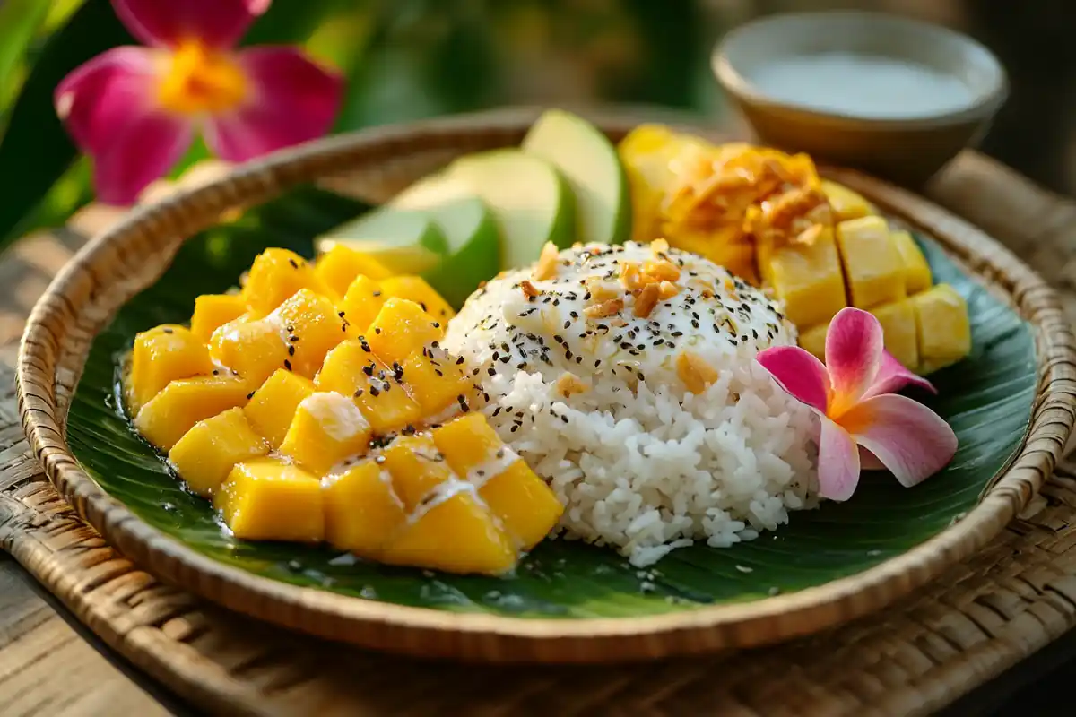 Thai mango sticky rice with coconut milk, pandan waffles, and tropical fruits on a banana leaf plate.