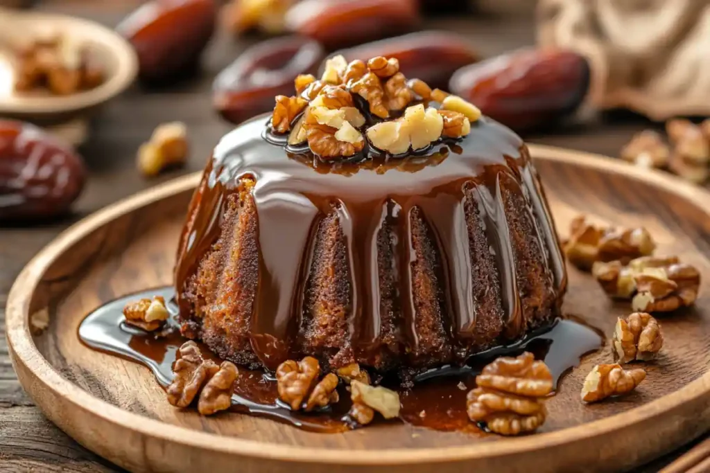 Sticky toffee pudding drizzled with caramel sauce on a rustic plate.