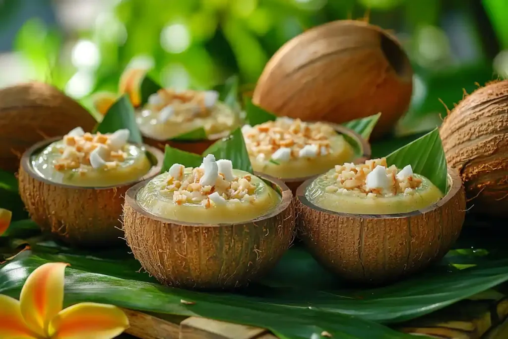 Thai Coconut Jelly served in coconut shells with tropical decorations.