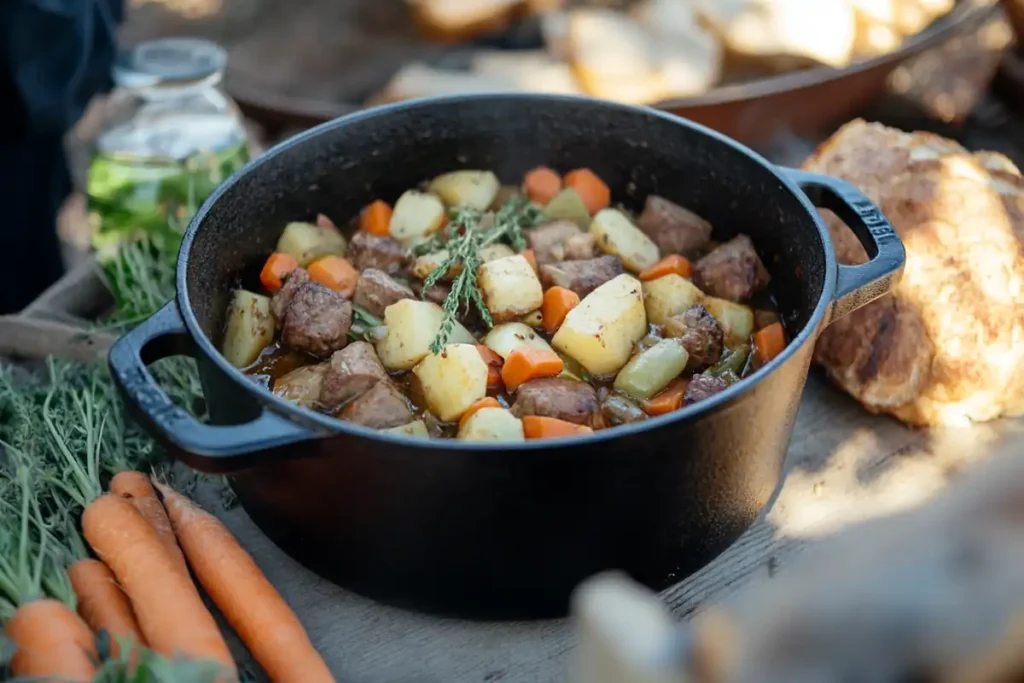 A Dutch oven filled with hearty stew, surrounded by fresh vegetables on a rustic table.