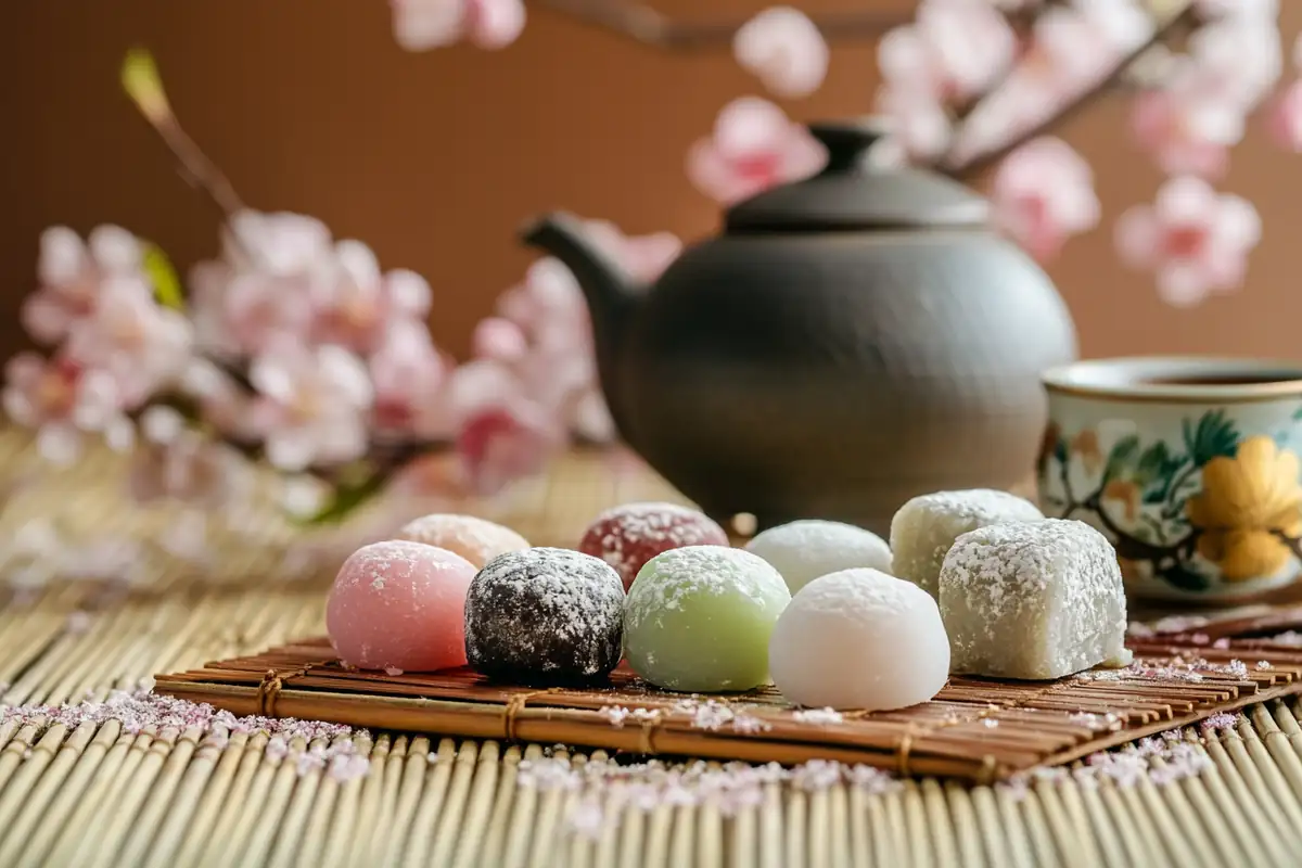 Traditional Japanese desserts on a platter with cherry blossoms.