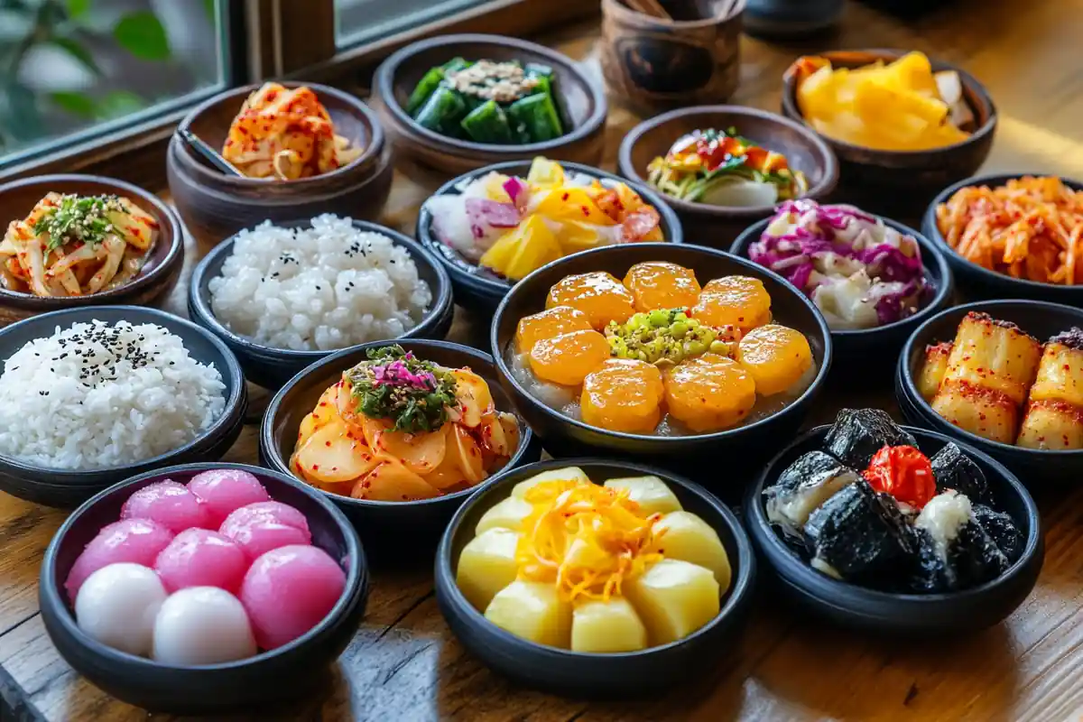 A colorful spread of traditional Korean desserts on a wooden table