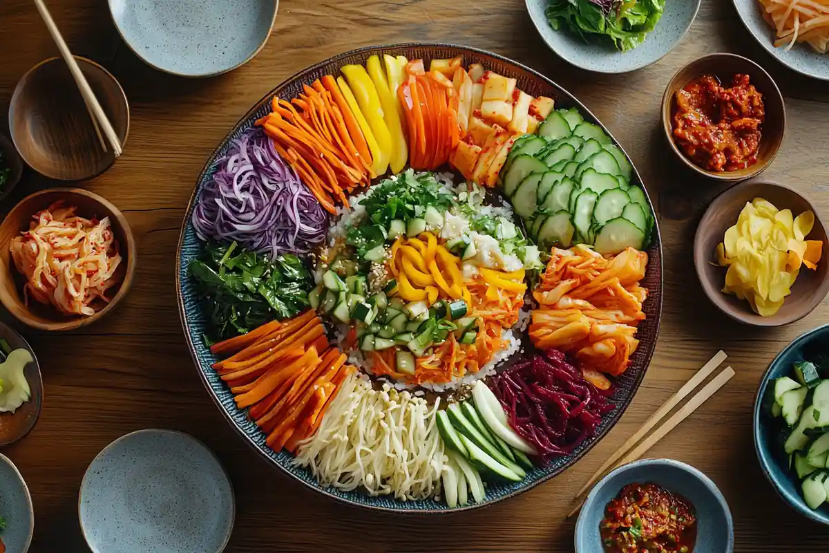 A traditional Korean dining table filled with iconic dishes.