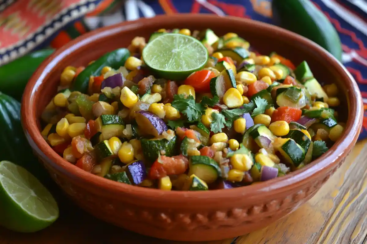 Calabacitas Recipe served in a Mexican clay bowl.