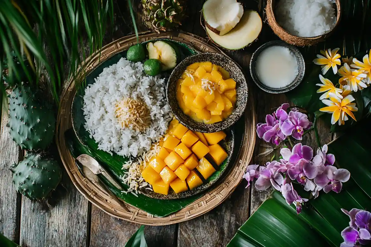 A traditional Thai dessert spread with mango sticky rice, Khanom Chan, and coconut custard on a bamboo table.