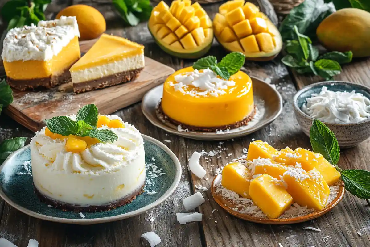 A colorful tropical spread of mango fruit desserts on a rustic table.