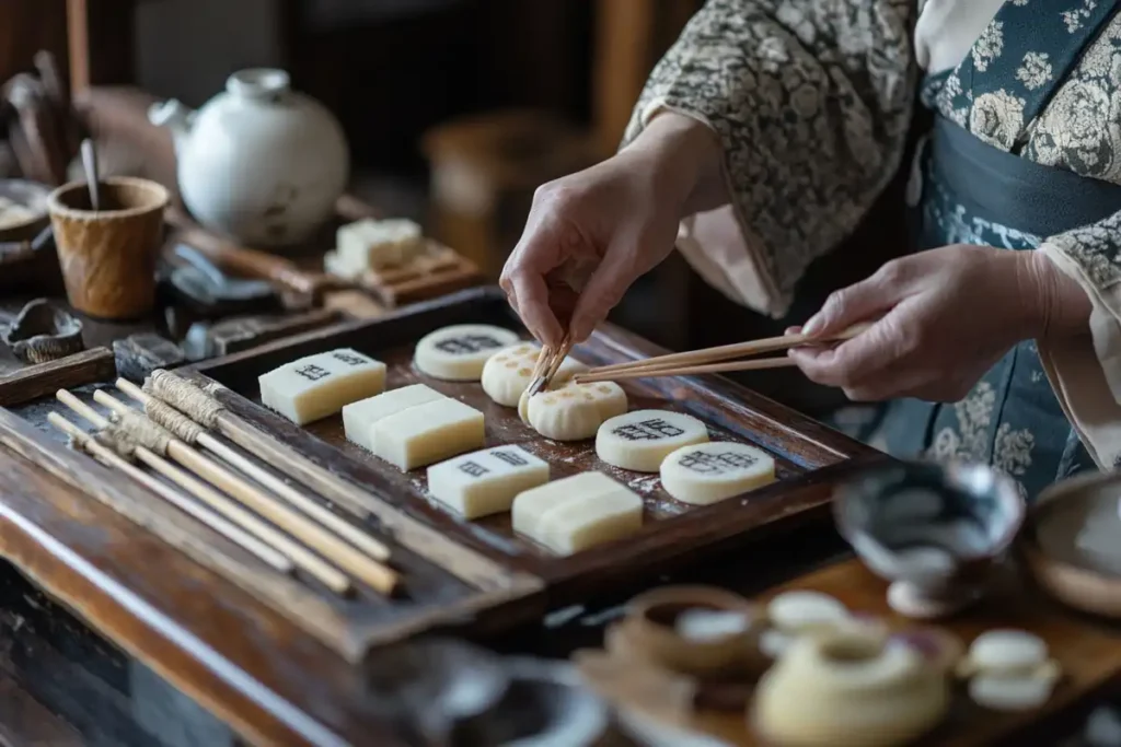 Japanese artisan crafting Wagashi sweets using traditional tools.