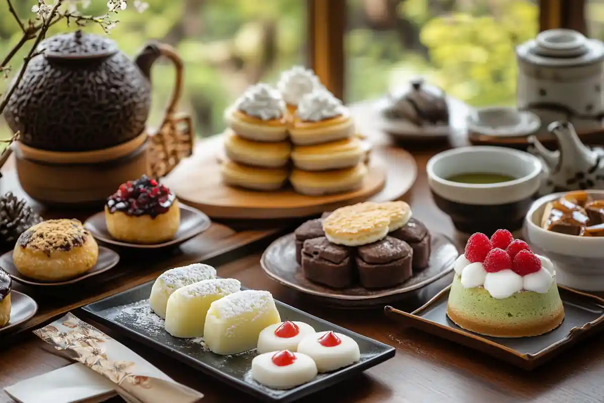 A selection of popular Japanese desserts arranged on a traditional Japanese table.