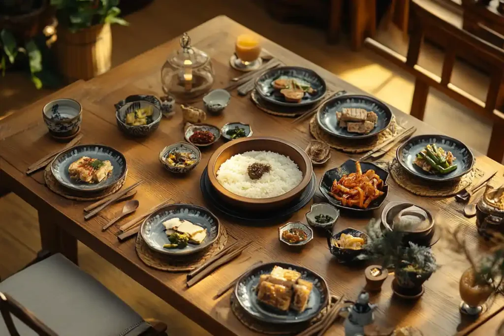 A traditional Korean bapsang with side dishes, rice, and soup.