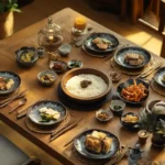 A traditional Korean bapsang with side dishes, rice, and soup.