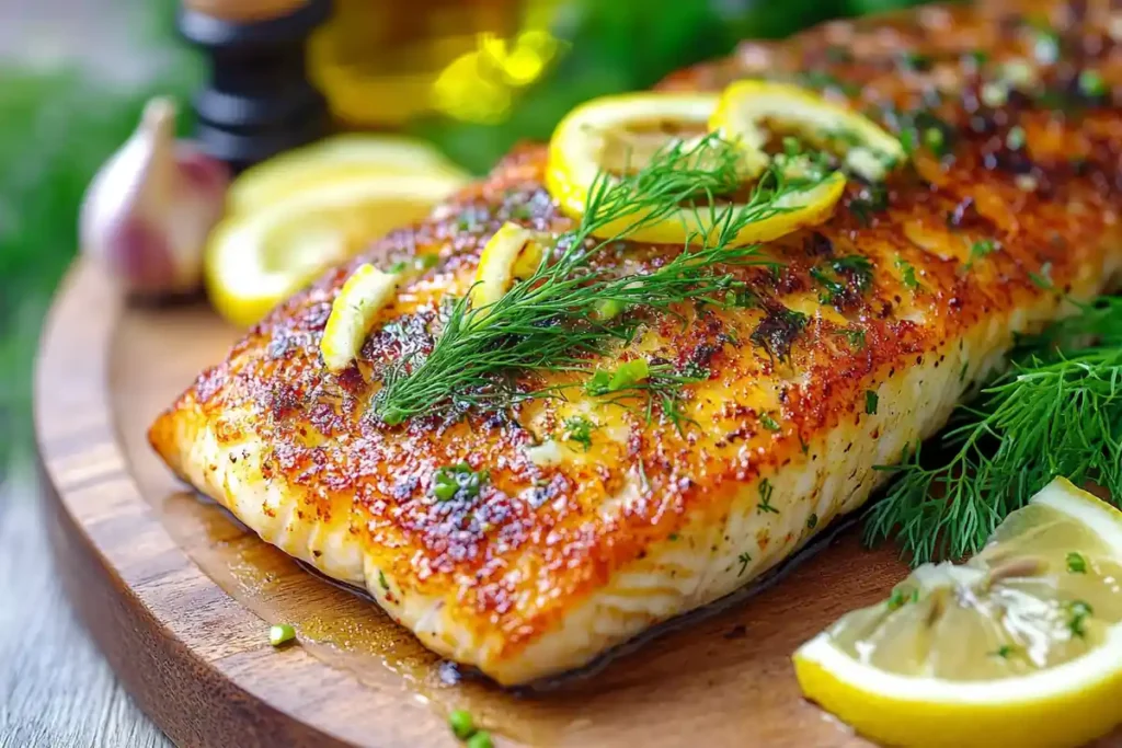 Crispy steelhead trout garnished with lemon and dill.