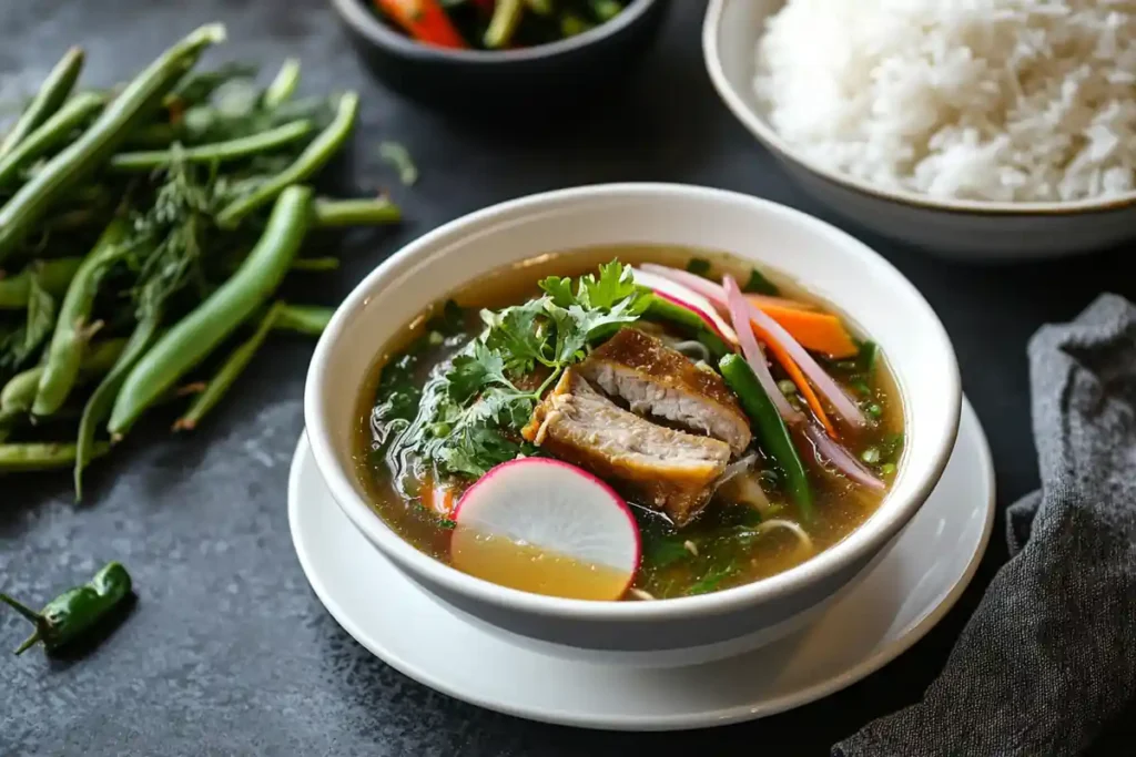 A serving of sinigang with tamarind broth, fresh vegetables, and rice.
