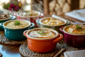 A variety of colorful mini cocottes filled with diverse dishes on a formal dining table