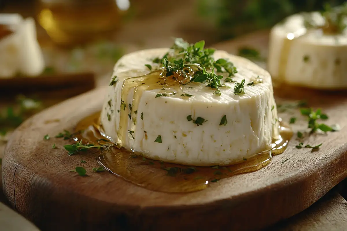 Close-up of queso blanco cheese garnished with herbs on a wooden board.