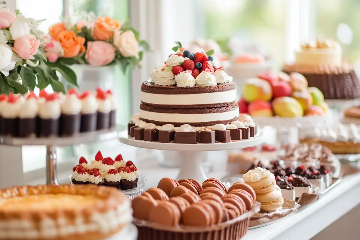 A table featuring the 9 most common desserts, including chocolate cake, ice cream, and macarons.