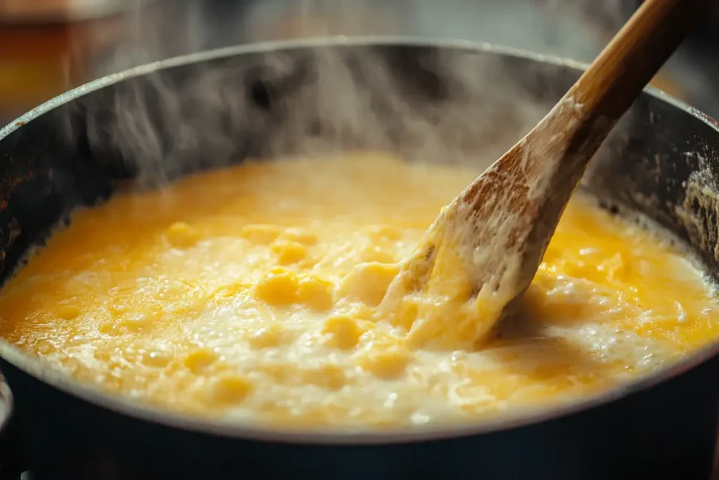 A pot of freshly made queso being stirred, emitting steam.