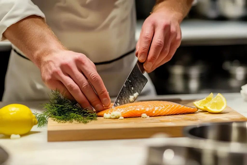 Prepping fish for a Steelhead Trout Recipe with precision on a cutting board.