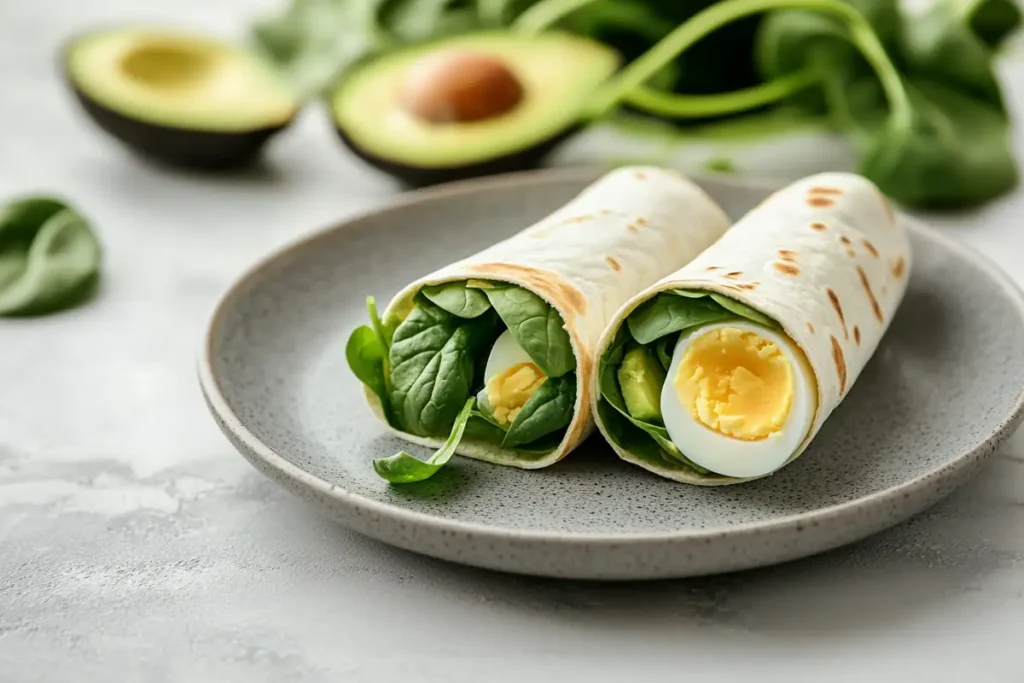 Breakfast wrap with fresh spinach and avocado.