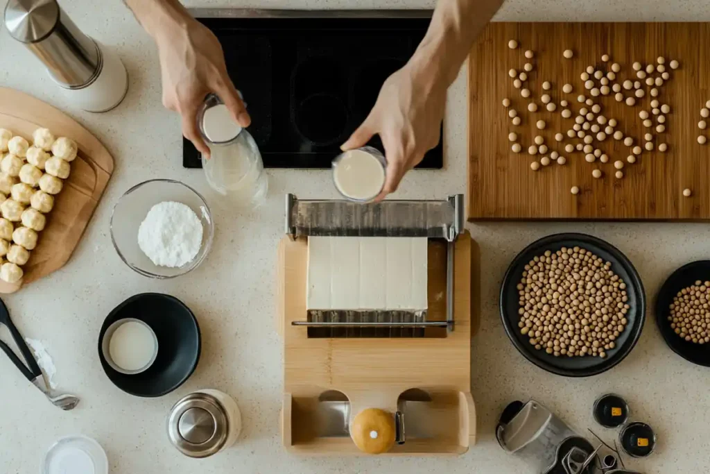 Pressing Tauhu for a Tauhu Recipe with a modern tofu press.