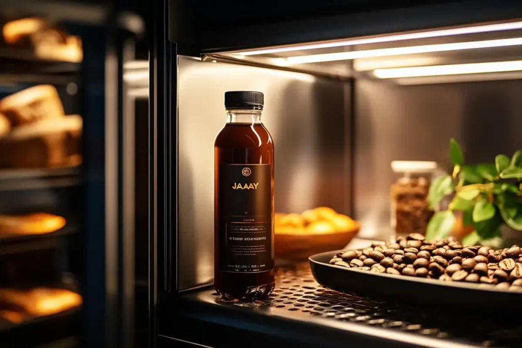 Open Javy Coffee bottle stored in a refrigerator.