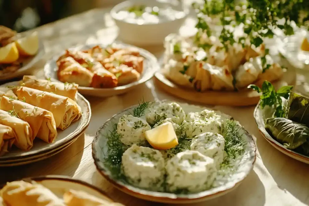 Greek appetizers including spanakopita, dolmades, and tzatziki on small plates.