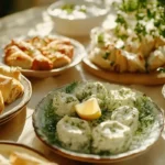 Greek appetizers including spanakopita, dolmades, and tzatziki on small plates.