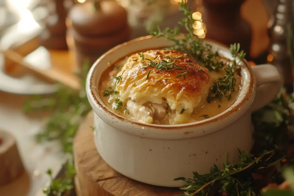 A mini cocotte with chicken pot pie featuring a golden crust.