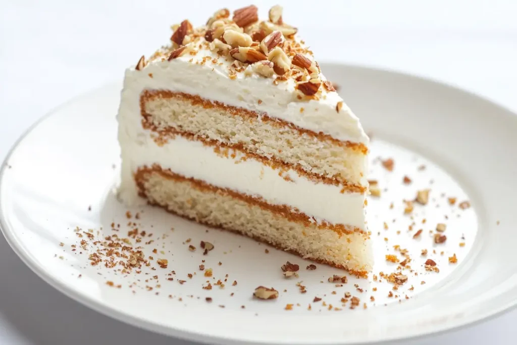 A slice of almond flour carrot cake, topped with cream cheese frosting, suitable for diabetics.