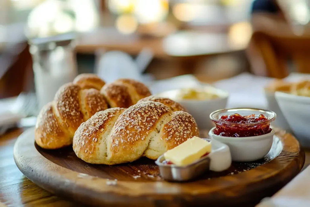Freshly baked Gipfeli on a platter with jam and butter.