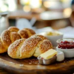 Freshly baked Gipfeli on a platter with jam and butter.