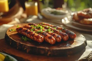 Freshly cooked Jimmy Dean sausages on a breakfast table